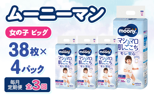 【毎月定期便】ムーニーマン マシュマロ肌ごこちモレ安心 女の子 ビッグ 38枚×4パック全3回【配送不可地域：離島・沖縄県】【4075526】