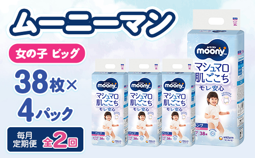 【毎月定期便】ムーニーマン マシュマロ肌ごこちモレ安心 女の子 ビッグ 38枚×4パック全2回【配送不可地域：離島・沖縄県】【4075527】