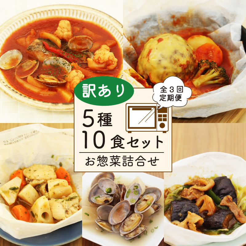 【全3回定期便】 訳あり お惣菜 セット レンジで簡単 5種以上 10食セット 簡単 調理 レトルト 詰合せ おかず 料理 冷凍 お弁当 おかず レンジ 調理 洋食 和食 洋風 和風 ハンバーグ 煮込みハンバーグ 肉 魚 野菜 煮物 おつまみ 静岡県 藤枝市