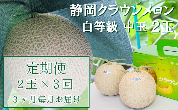 定期便 3ヶ月 メロン 静岡 クラウンメロン 中玉 1.3kg前後 2玉入り 並（白等級） マスクメロン 果物 フルーツ 高級 食材 デザート おやつ 定期 お楽しみ 3回 