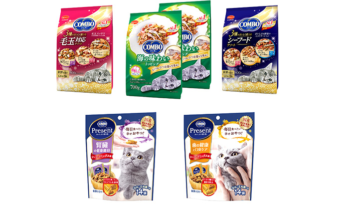 キャットフード：コンボ5種類アソート 日本ペットフード ネコ 猫 愛猫 ケア ペット えさ セット COMBO 歯 口臭 腎臓 アソート シーフード 毛玉 健康 キャット 加工食品 まぐろ味 かつお節 小魚添え