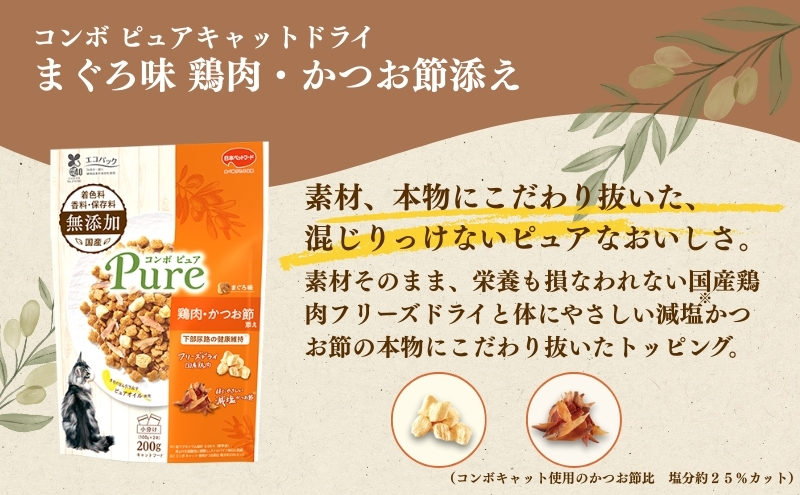 《ペットフード》日本ペットフード コンボ ピュアキャットドライ まぐろ味・鶏肉・かつお節添え 200g(100g×2袋入)×12袋(ケース)
