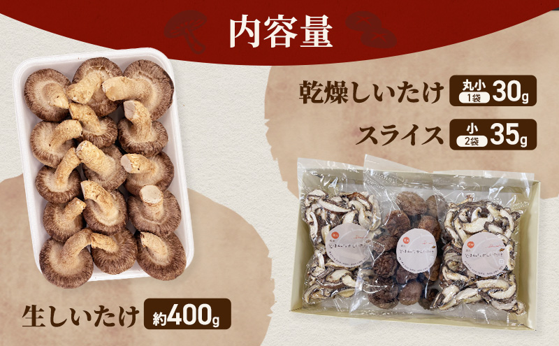 【遠州どまんなかしいたけ】 生しいたけ・乾燥しいたけセット (生しいたけ 約400g , 乾燥しいたけ　丸小 30g1袋 , スライス 小35g2袋)　干し椎茸 産地直送 国産 料理 素材 出汁 日本料理 就労支援 福祉 静岡 袋井