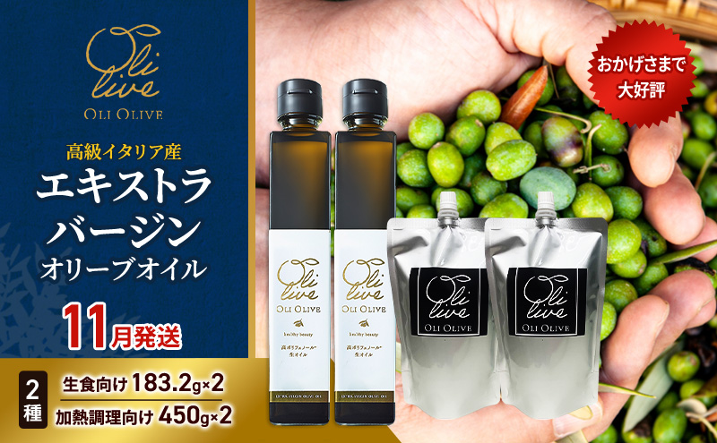 高級イタリア産 エキストラ・ヴァージンオリーブオイル 2種×2個 計4点　2026年11月中旬から発送 調味料 油 オリーブ油 食用油 静岡県 袋井市