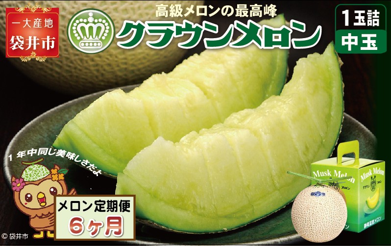 【6ヶ月定期便】クラウンメロン（白等級）中玉　1玉入　果物 フルーツ デザート メロン マスクメロン 青肉 高級 ギフト 贈り物 静岡県産 袋井市