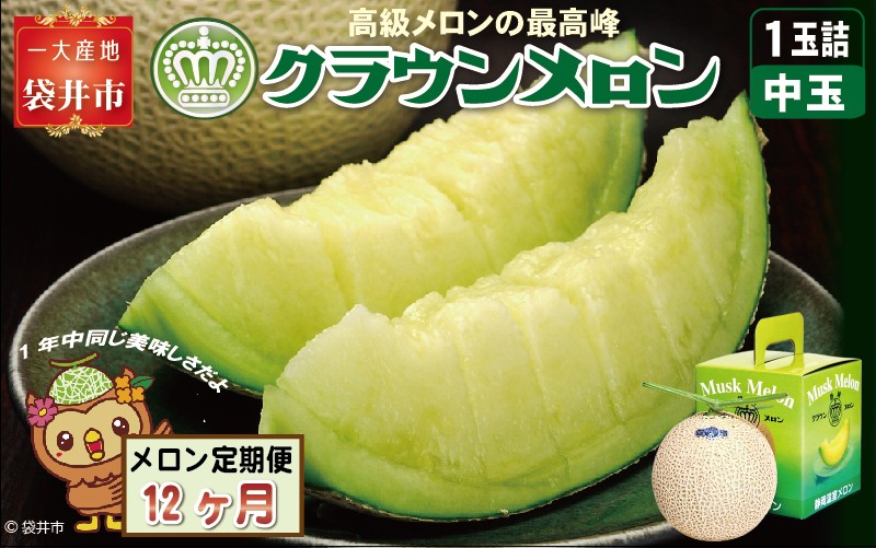 【12ヶ月定期便】クラウンメロン（白等級）中玉　1玉入 　果物 フルーツ デザート メロン マスクメロン 青肉 高級 ギフト 贈り物 静岡県産 袋井市