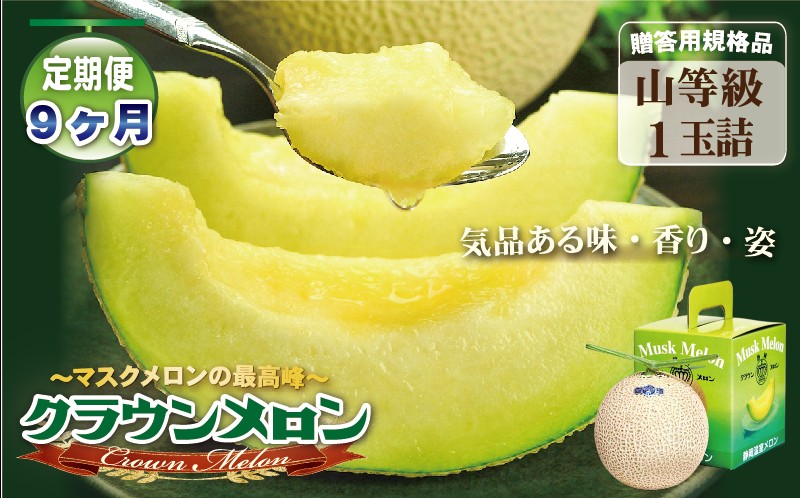 【9ヶ月定期便】クラウンメロン（山等級）１玉入 　果物 フルーツ デザート メロン マスクメロン 青肉 高級 ギフト 贈り物 静岡県産 袋井市