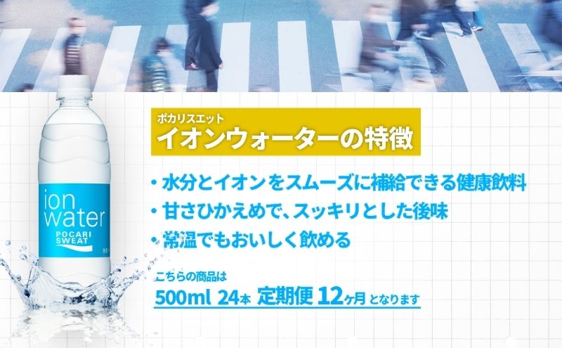イオンウォーター 定期便 12ヶ月 500ml 24本 大塚製薬 ポカリスエット ポカリ スポーツドリンク イオン飲料 スポーツ トレーニング アウトドア 熱中症対策 健康 12回 