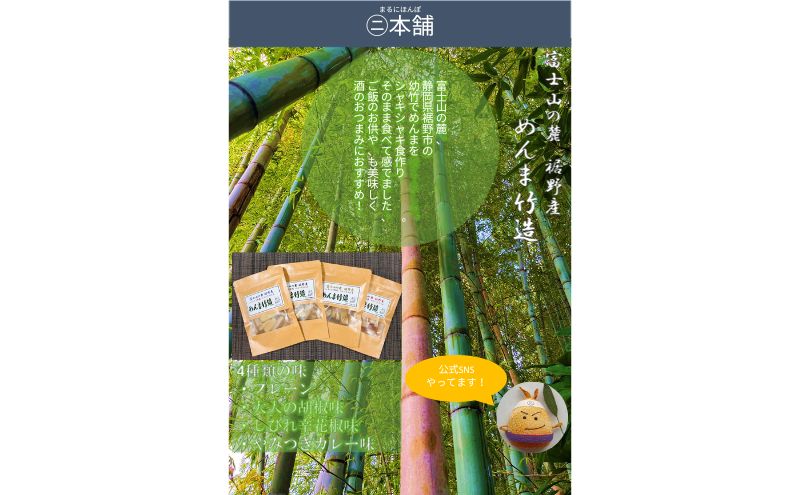 【めんま竹造】富士山の麓 メンマ 4種セット 計6袋 600g (プレーン味 x 2袋 大人の胡椒味 x 2袋 しびれ辛花椒味 x 1袋 やみつきカレー味 x 1袋 各種 100g ) 裾野産  国産 おつまみ 