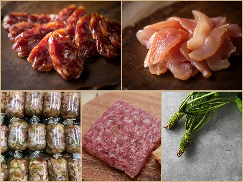 伊豆 天城軍鶏 人気 加工品 アソート おつまみセット (生ハム・シンケンアスピック・熟成サラミ・ソーセージ・パテ・ミンチ・生わさび)[静岡県 伊豆市 肉 晩酌 名産品 ]029-004