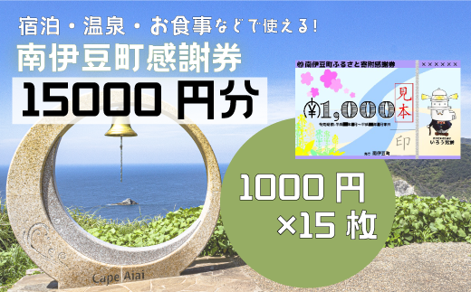 南伊豆町ふるさと寄附感謝券15枚【 伊豆 宿泊 旅行 宿 旅館 観光 グルメ 食事 アクティビティ 南伊豆 クーポン 宿泊券 ヒリゾ浜 SUP カヤック 桜 静岡 】　<BE-5>