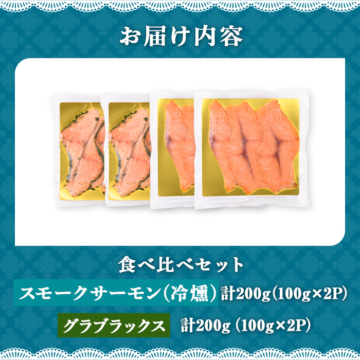 静岡県小山町産 国産 アトランティックサーモン 食べ比べ2種 (スモークサーモン(冷燻)・グラブラックス) 各2Pセット 計400g｜ アトランティックサーモン サーモン スモークサーモン グラブラックス 食べ比べ セット 国産 燻製 加工品 冷凍 小分け ふる納限定 限定
