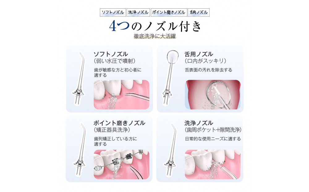 【2025最新】口腔洗浄器 ウォーターピック ジェットウォッシャー＜ホワイト＞ 4本ノズル付き 4つモード調節可能 IPX7防水仕様 歯垢除去 Type-C充電 残電量表示 携帯型 歯周ポケット洗浄 磨き残しゼロを目指す 手軽なハンディタイプ 省スペース 280ml水タンク 日本語取扱説明書付き 