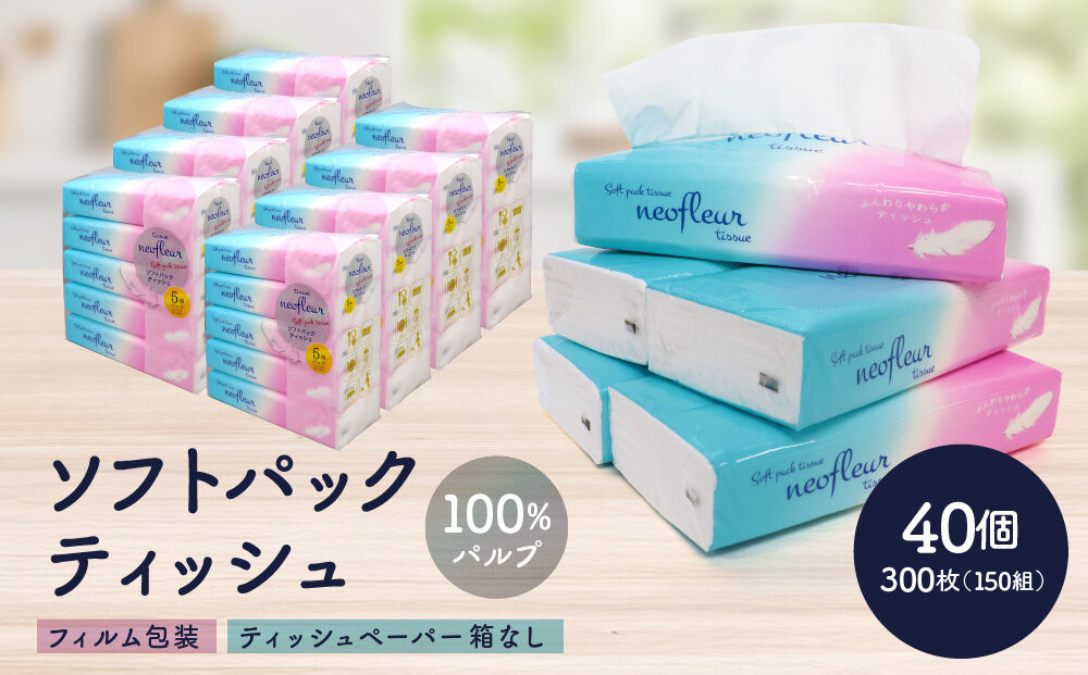 ソフトパックティッシュ　5個パック（コンパクト）×8セット(40個） | 箱なし フィルム包装 ソフトパック ティッシュ 洗面所 キッチンまわりで使いやすい 持ち運び アウトドア 車内 コンパクト パッケージ 100％パルプ 人気 おすすめ エコ 防災 備蓄 送料無料 愛知県 名古屋市