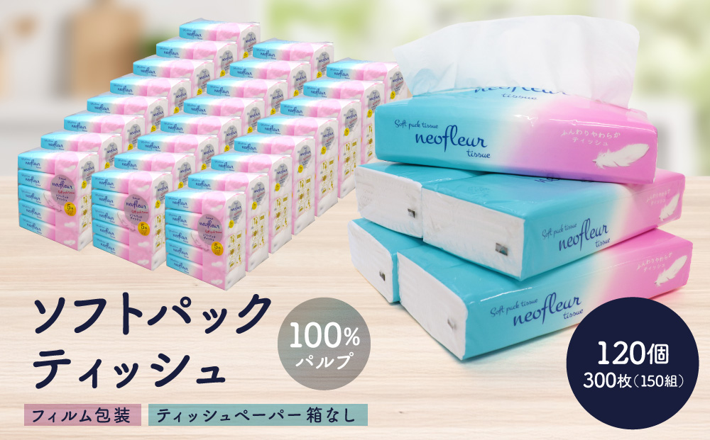 ソフトパックティッシュ　5個パック（コンパクト）×24セット(120個） | 箱なし フィルム包装 ソフトパック ティッシュ 洗面所 キッチンまわりで使いやすい 持ち運び アウトドア 車内 コンパクト パッケージ 100％パルプ 人気 おすすめ エコ 防災 備蓄 送料無料 愛知県 名古屋市