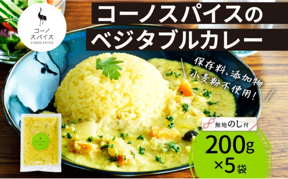 《無地熨斗》コーノスパイス ベジタブルカレー 200g×5パック スパイスカレー 和風出汁 クリーミー ココナッツ 小麦粉不使用 グルテンフリー  CONO SPICE コーノコーラ 愛知県 名古屋市
