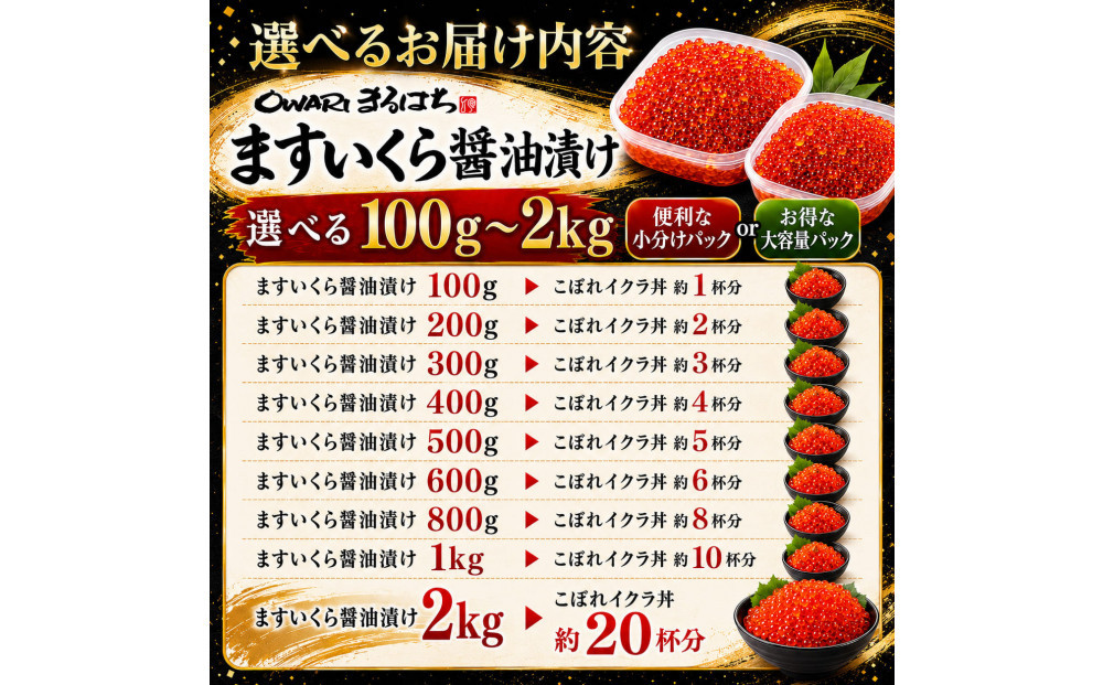 いくら 醤油漬け 2kg（100gｘ20P） 鱒の卵 化粧箱入 冷凍 尾張まるはち