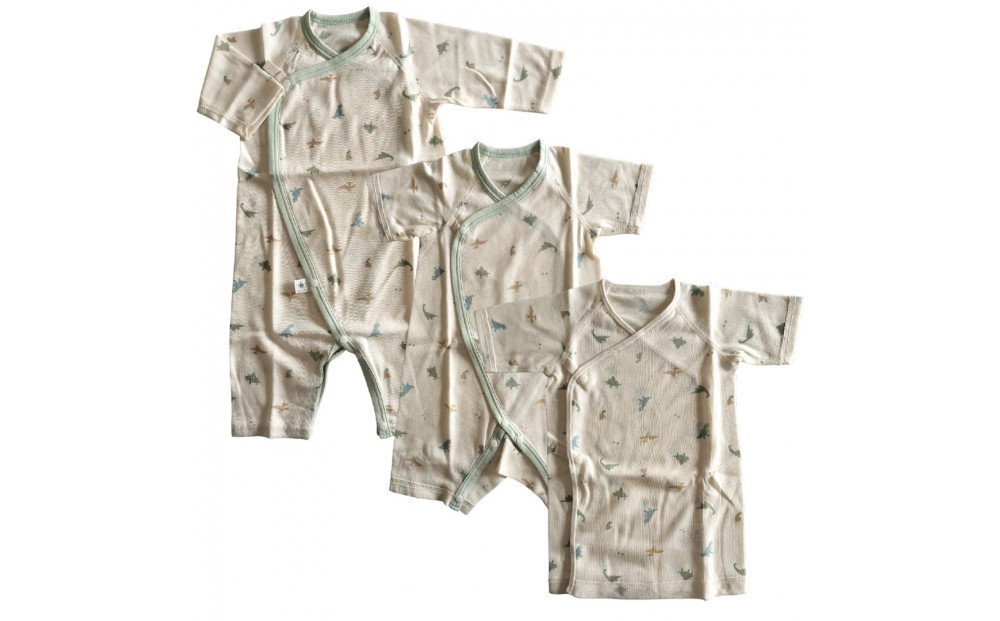オーガニックコットンベビーウェア3点セット(恐竜プリント)