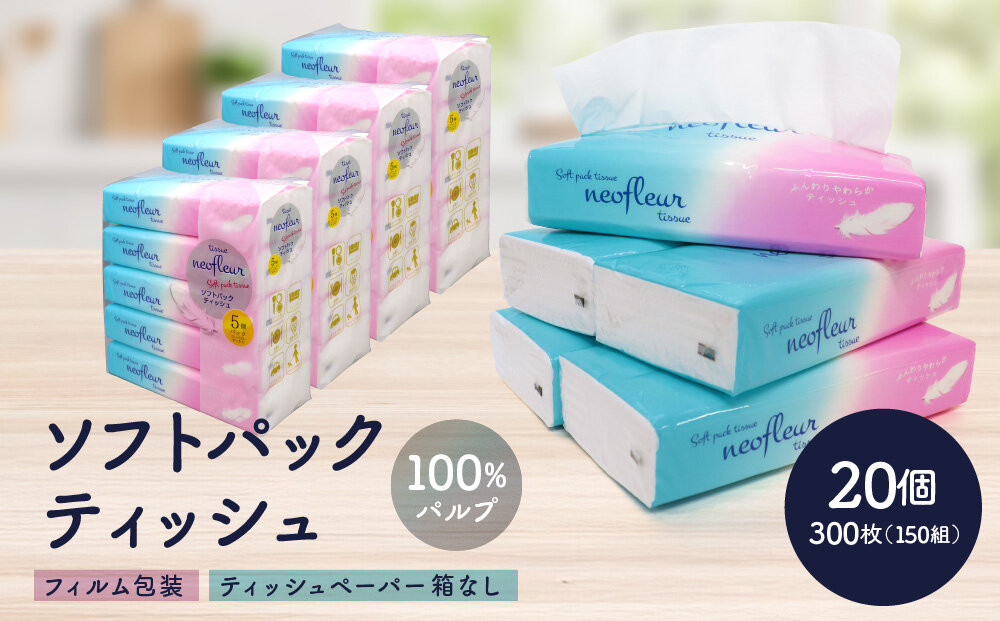 ソフトパックティッシュ　5個パック（コンパクト）×4セット(20個） | 箱なし フィルム包装 ソフトパック ティッシュ 洗面所 キッチンまわりで使いやすい 持ち運び アウトドア 車内 コンパクト パッケージ 100％パルプ 人気 おすすめ エコ 防災 備蓄 送料無料 愛知県 名古屋市