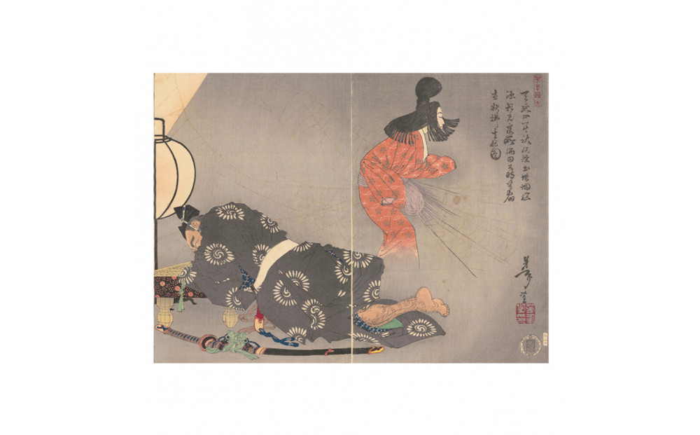 オリジナル【レプリカ浮世絵（2枚絵）月岡芳年作「天延四年秋妖怪土蜘蛛脳源頼光寝所酒田公時等宿直欲払其妖図」】／名古屋刀剣博物館