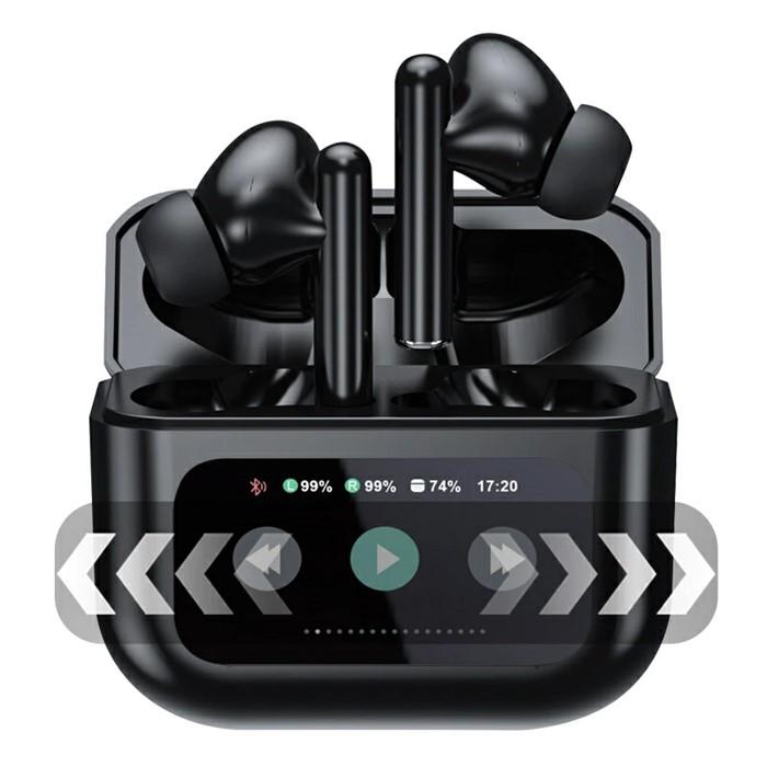 完全ワイヤレスイヤホン＜ブラック＞Bluetooth5.4 液晶搭載ケース カナル型 TWS 片耳/両耳 ENC ノイズリダクション ANC ノイズキャンセリング アンビエントサウンド マイク内蔵 クリア 高忠実度 ステレオサウンド 臨場感 ミニサイズ 超小型 快適装着 90日安心保証付き