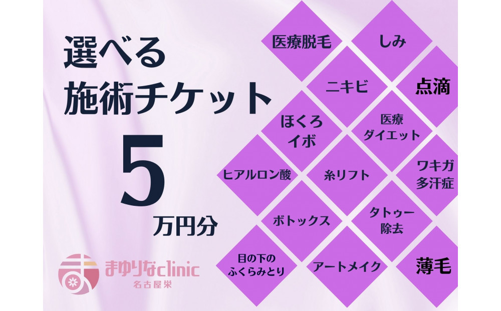 美容医療　脱毛・美肌　選べる！施術５万円分【組み合わせ自由】まゆりなclinic名古屋栄