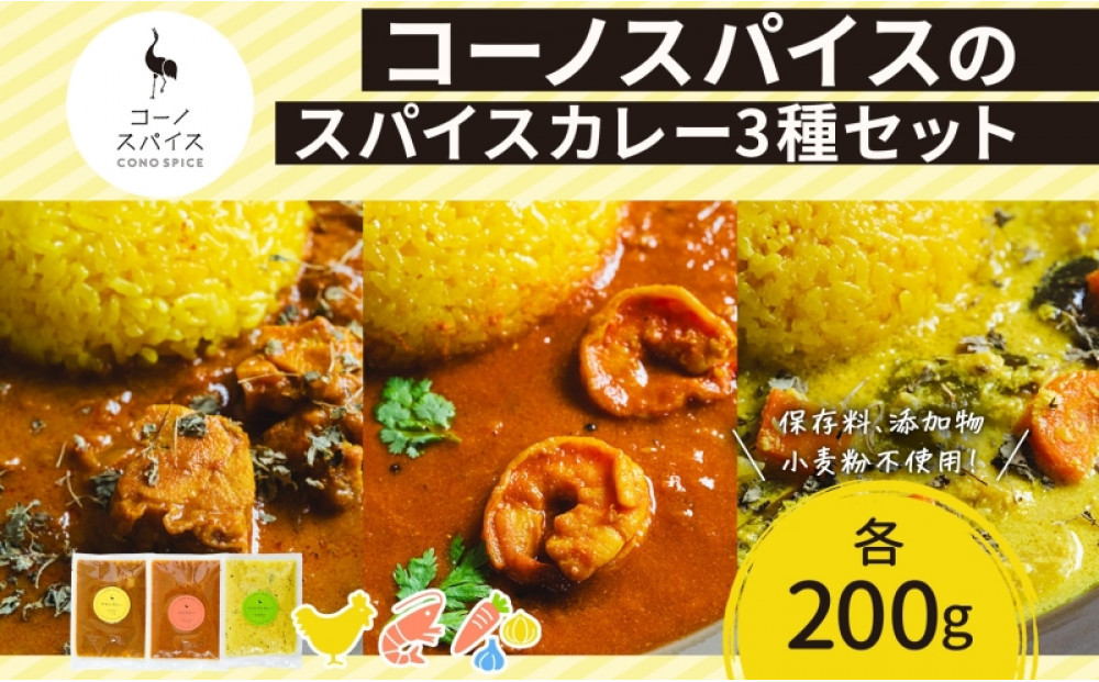 コーノスパイス スパイスカレー3種セット チキンカレー エビカレー ベジタブルカレー 各200gパック 小麦粉不使用 グルテンフリー CONO SPICE コーノコーラ 愛知県 名古屋市