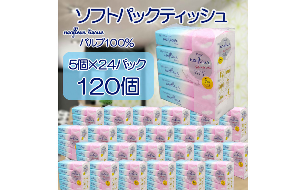 ソフトパックティッシュ　5個パック（コンパクト）×24セット(120個） フィルム包装 ティッシュペーパー 箱なし