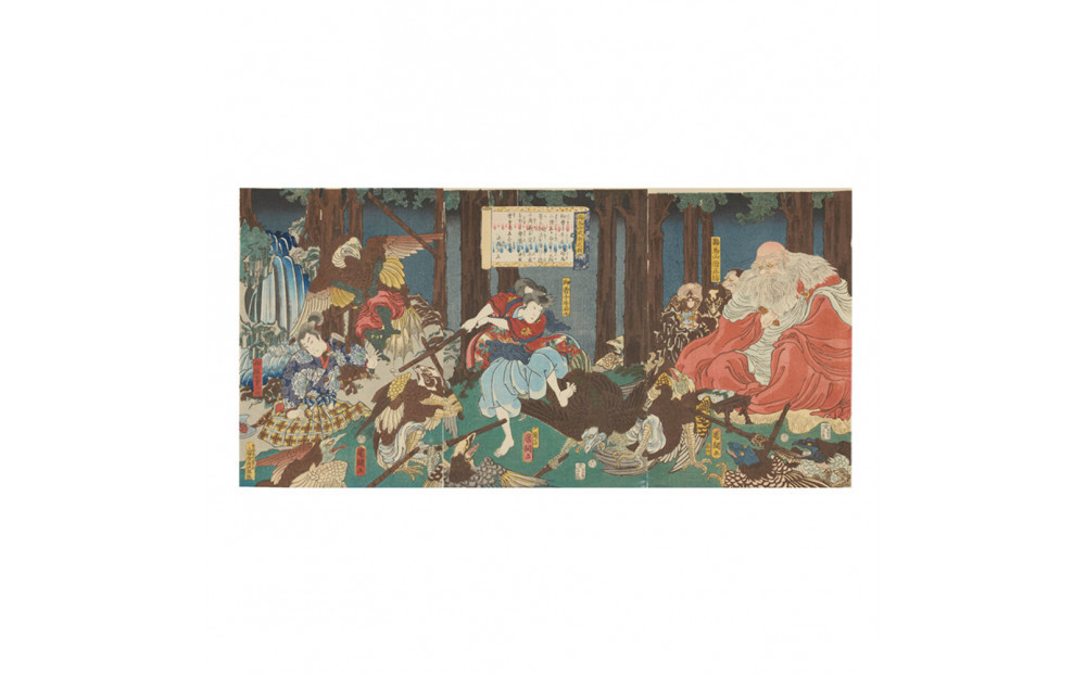 オリジナル【レプリカ浮世絵（3枚絵）歌川国綱作「鞍馬山武術之図」】／名古屋刀剣博物館
