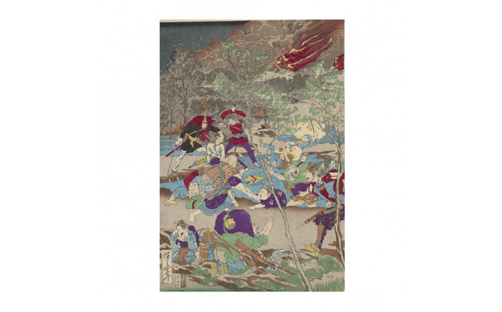 オリジナル【レプリカ浮世絵（3枚絵）河鍋暁斎作「明治元戊辰年五月十五日 東台戦争落去之図」】／名古屋刀剣博物館