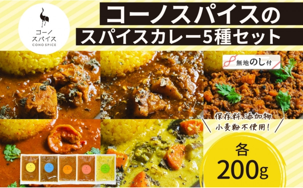 《無地熨斗》 コーノスパイス スパイスカレー5種セット チキン サバと大根 キーマ エビ ベジタブル 各200gパック 小麦粉不使用 グルテンフリー CONO SPICE コーノコーラ 愛知県 名古屋市