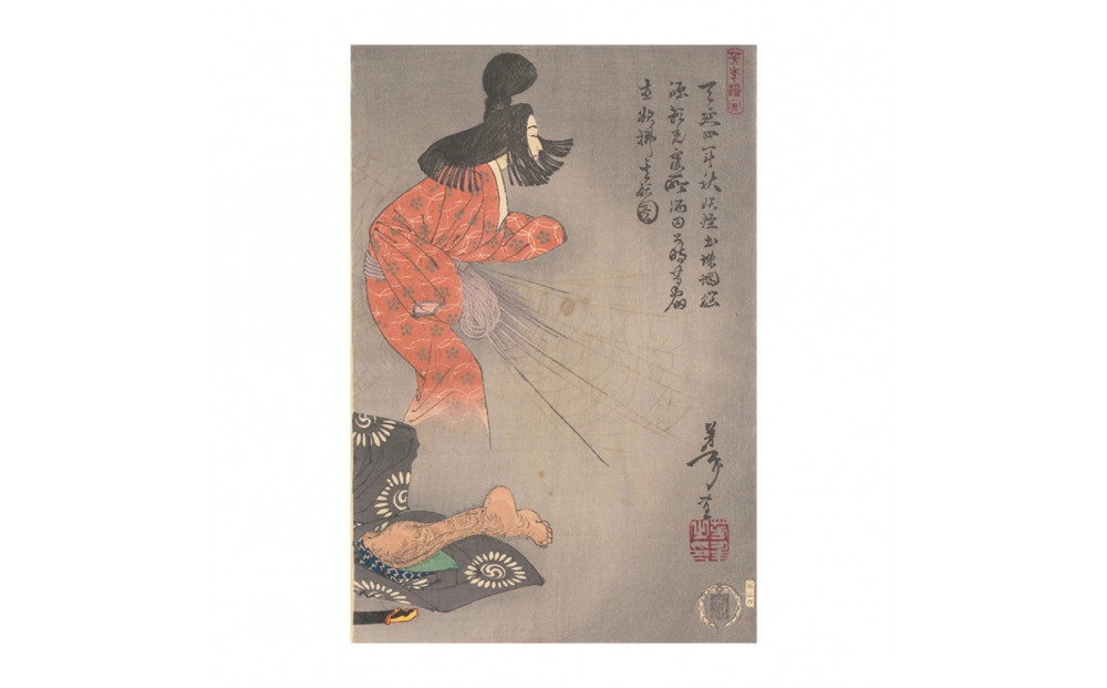 オリジナル【レプリカ浮世絵（2枚絵）月岡芳年作「天延四年秋妖怪土蜘蛛脳源頼光寝所酒田公時等宿直欲払其妖図」】／名古屋刀剣博物館