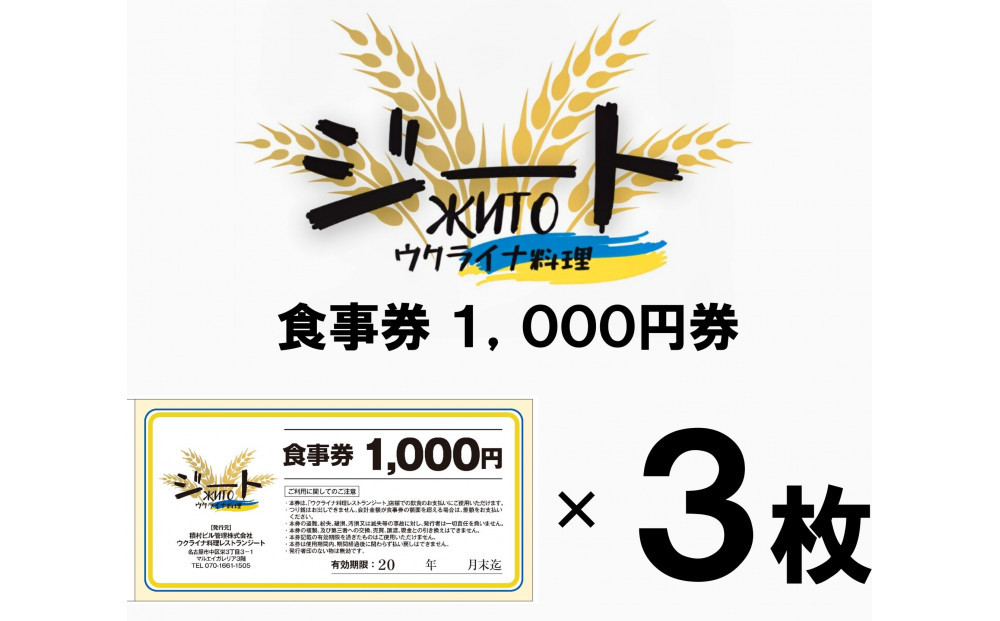 【ウクライナ避難民支援事業寄附金専用】【ふるさと納税の返礼品でウクライナ避難民を支援します】 ウクライナ・レストラン「ジート」食事券　3,000円分(1,000円券×3枚)