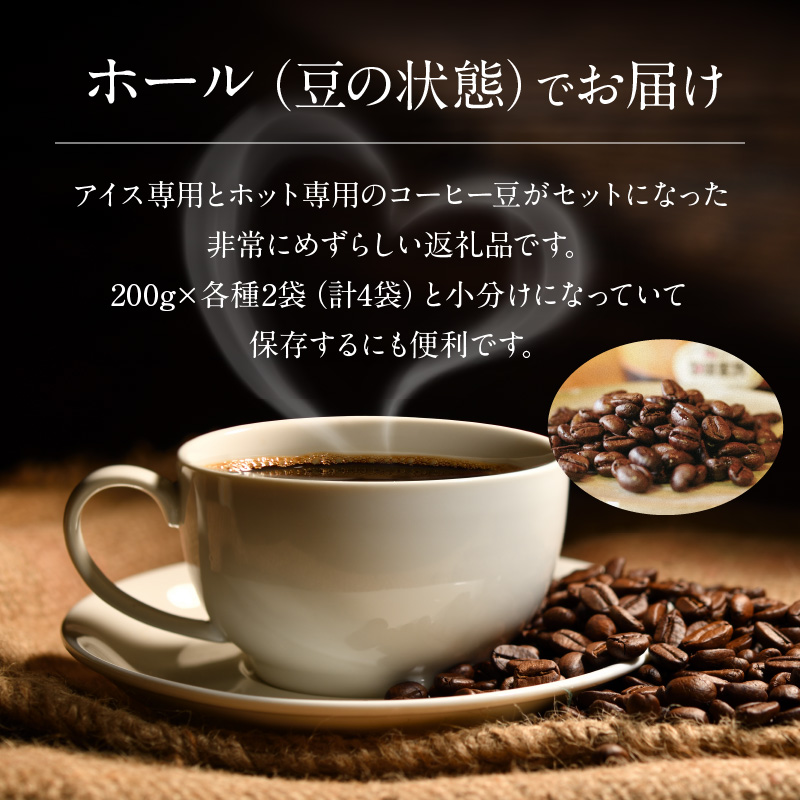 【極深煎り】アイス専用＆ホット専用 コーヒー豆800g（200g×各種2袋） ～お家で楽しむ自家焙煎の香り高いコーヒー～　H163-027