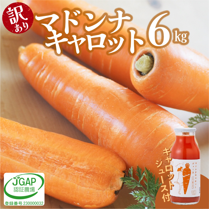 【2月上旬に発送】こどもも食べられる甘み！訳あり「マドンナキャロット」6kg キャロットジュース付き にんじん 限定 人参 国産 野菜ジュース H105-113