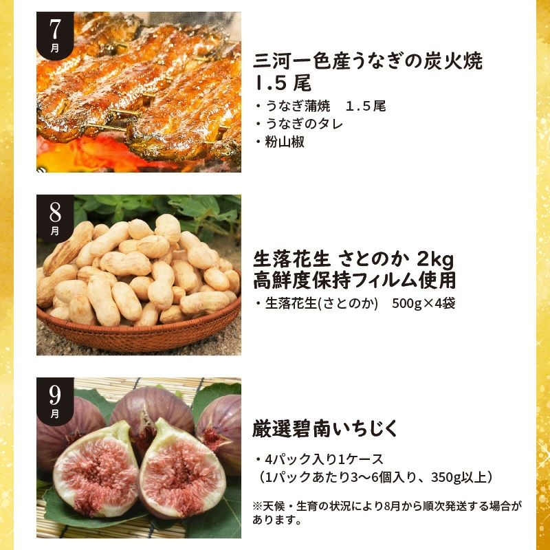 定期便 12回 厳選 肉 魚 野菜 フルーツ すべて 詰まった 旬 全12回 12ヶ月 いちご いちじく カレー トマト うなぎ しらす ベーグル 甘栗 ナッツ 生落花生 米 ハム 鶏 鍋セット お届け グルメ お取り寄せ お取り寄せグルメ 愛知県 碧南市 送料無料 H028-078