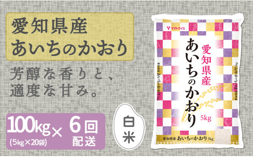 【精米】6回定期便 愛知県産あいちのかおり 100kg（5kg×20袋）　安心安全なヤマトライス 米 白米 国産 大容量 5キロ　H074-558