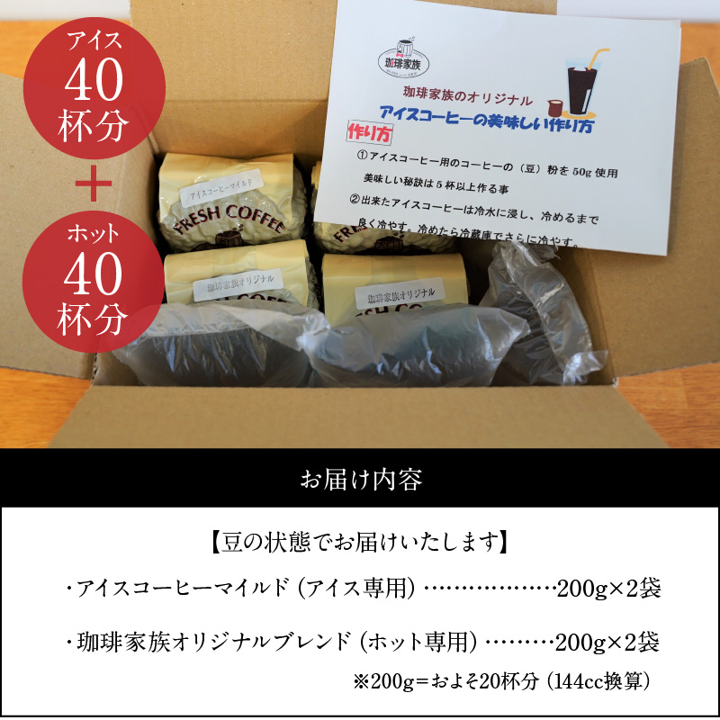 【極深煎り】アイス専用＆ホット専用 コーヒー豆800g（200g×各種2袋） ～お家で楽しむ自家焙煎の香り高いコーヒー～　H163-021