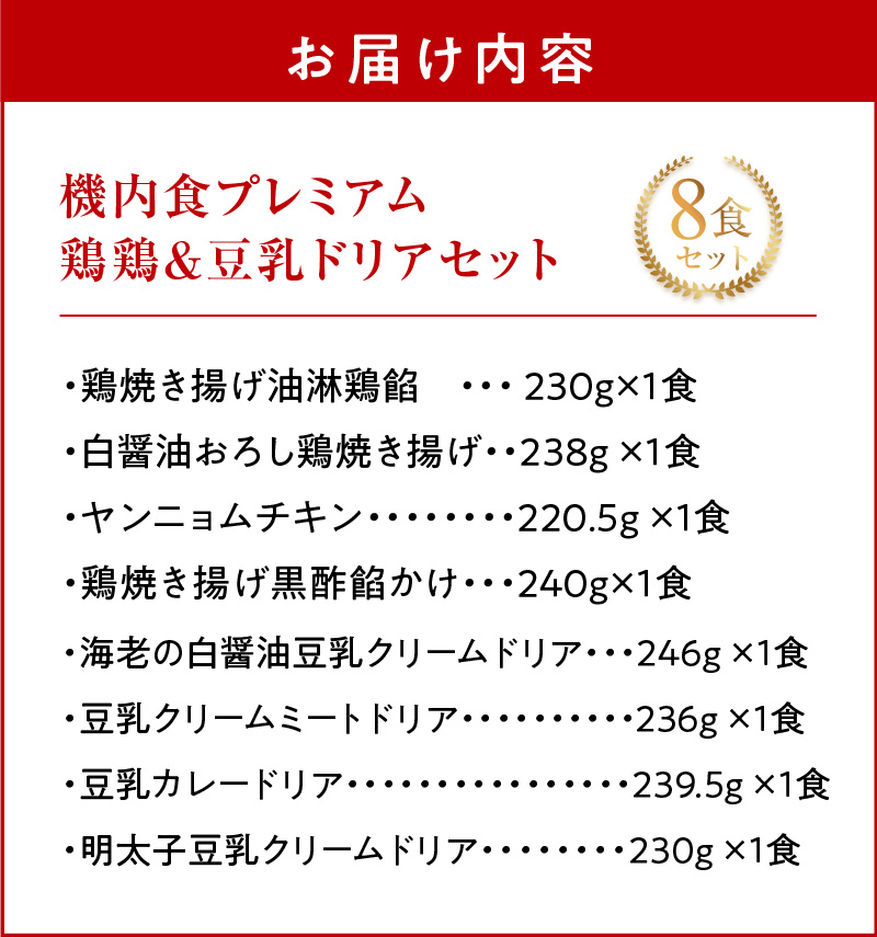 <12月末で受付終了> 【高度10,000メートル 天空レストランからの贈物】「機内食よくばり鶏鶏＆ヘルシー豆乳ドリア ８食セット（各1食）」 お弁当 お手軽 時短料理 レンジ 冷凍食品 おかず 旅行 飛行機 機内食 H167-026