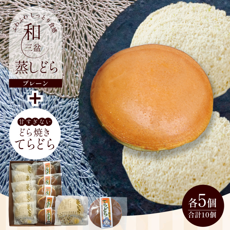 【人気どら焼き2種 10個入】和三盆 蒸しどら（プレーン）× 5 どら焼き(てらどら）×5  餡 ふわふわ しっとり食感 H181-005