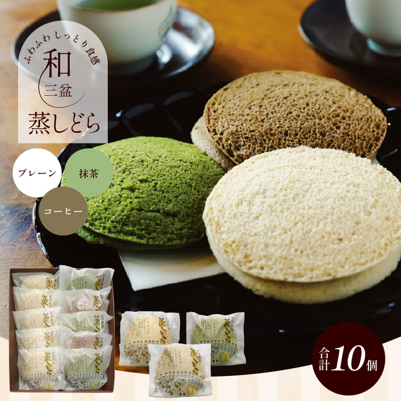 【蒸しどら3種  10個入 】和三盆 プレーン×5 抹茶×3 コーヒー×2 どら焼き 和菓子  餡 ふわふわ しっとり食感 H181-006