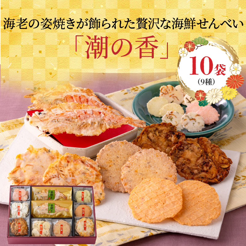 ワンランク上の海鮮煎餅詰合せ「潮の香10袋(9種)」 　海老 えびせん 海老姿焼き 贈り物 ギフト お歳暮 せんべい おつまみ 海鮮 乾物 和菓子 醤油味 お菓子 おやつ 煎餅 梅 わさび 小分け 海鮮せんべい えびせん家族 人気 H011-138