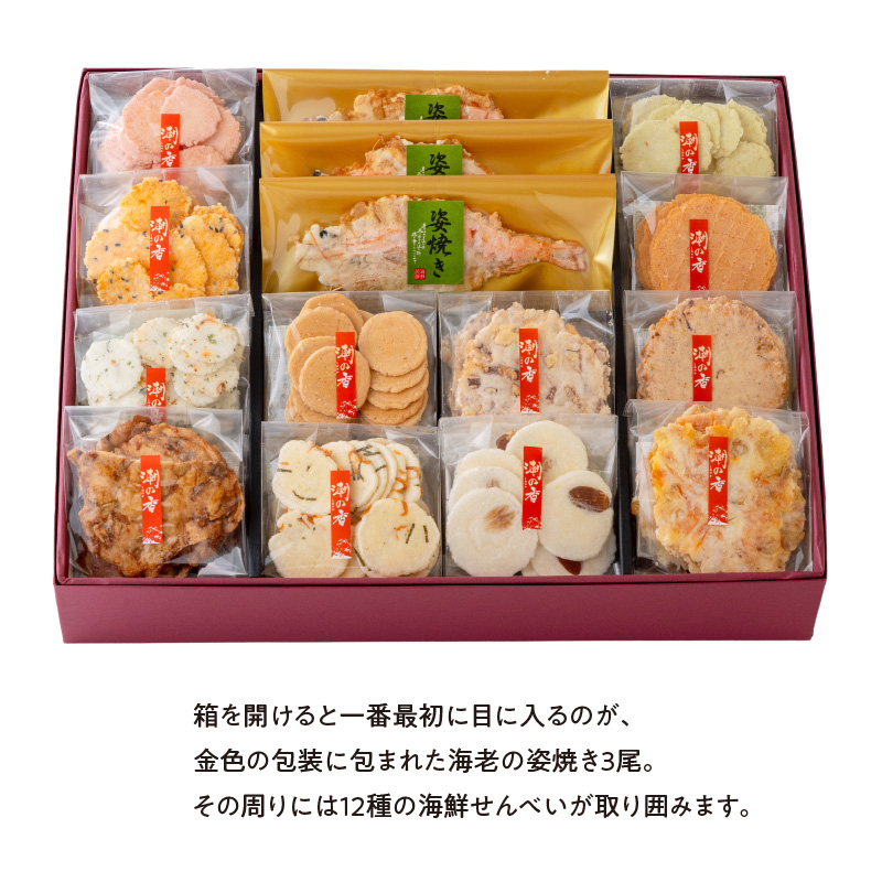ワンランク上の海鮮煎餅詰合せ「潮の香15袋(13種)」  海老 えびせん 海老姿焼き 贈り物 ギフト お歳暮 せんべい おつまみ 海鮮 乾物 和菓子 醤油味 お菓子 おやつ 煎餅 小分け 海鮮せんべい えびせん家族 人気 高リピート H011-139