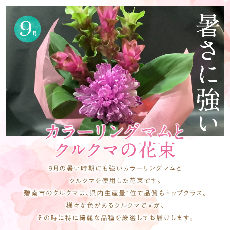 【全４回】季節感じる生花の定期便 (9月～12月に毎月お届け) 花 クリスマス お正月 リース クルクマ バラ 薔薇 ガーベラ マム 菊 H092-068
