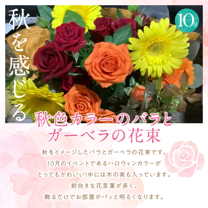 【全４回】季節感じる生花の定期便 (9月～12月に毎月お届け) 花 クリスマス お正月 リース クルクマ バラ 薔薇 ガーベラ マム 菊 H092-068