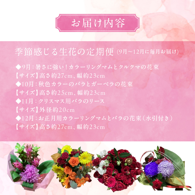 【全４回】季節感じる生花の定期便 (9月～12月に毎月お届け) 花 クリスマス お正月 リース クルクマ バラ 薔薇 ガーベラ マム 菊 H092-068