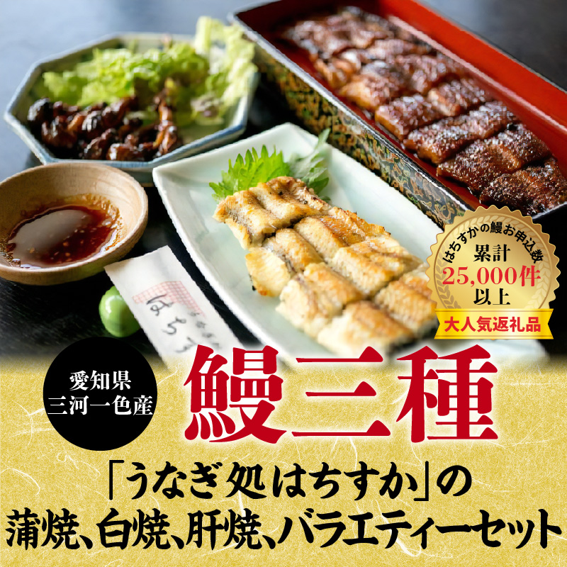 三河一色産 鰻3種バラエティーセット (蒲焼、白焼、肝焼) うなぎ処はちすか　H026-029