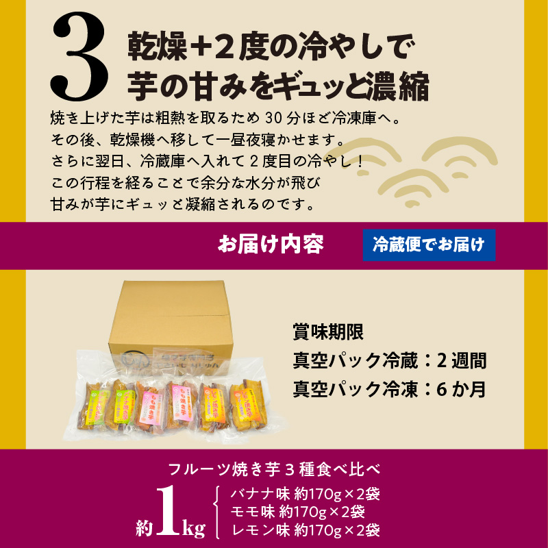 フルーツ焼き芋 3種食べ比べ 計約1kg (170g×6袋)  冷やし焼き芋 バナナ モモ レモン 熟成 紅はるか 焼き芋 ヘルシー おつまみ 新食感 スイーツ やきいも丸じゅん H047-040