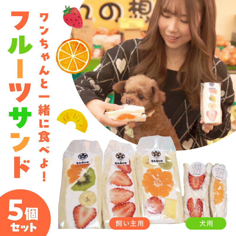 甘さ控えめ！八百屋が厳選したワンちゃん＆飼い主様フルーツサンドセット 5個セット フルーツ フルーツサンド 犬 愛犬 一緒 果物 くだもの H151-012