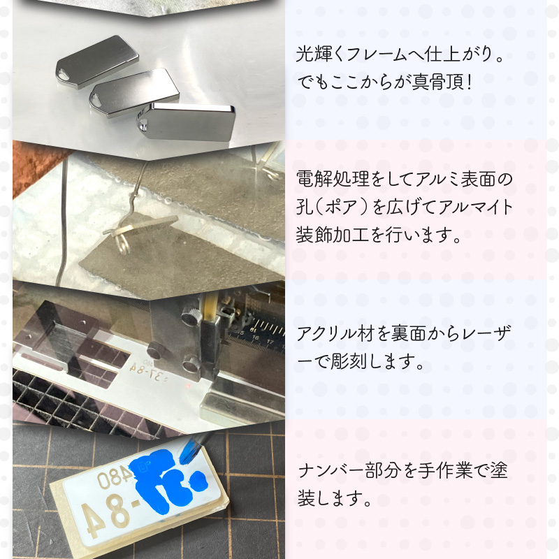 アルミアロイ　カラーレスフレーム　【黄ナンバー】　カーナンバーキーホルダー　あなたの自動車ナンバーをオール切削製メタルフレームで包み込みます！ 車 ミニチュア 軽自動車 最上級 かわいい 金属 合金 精密 こだわり オンリーワン 贈り物 父 母 プレゼント H084-046